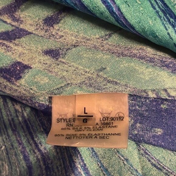 Elie Tahari 100% Silk vibrant blue aqua green buttoned down mandarin collar top - Picture 6 of 7